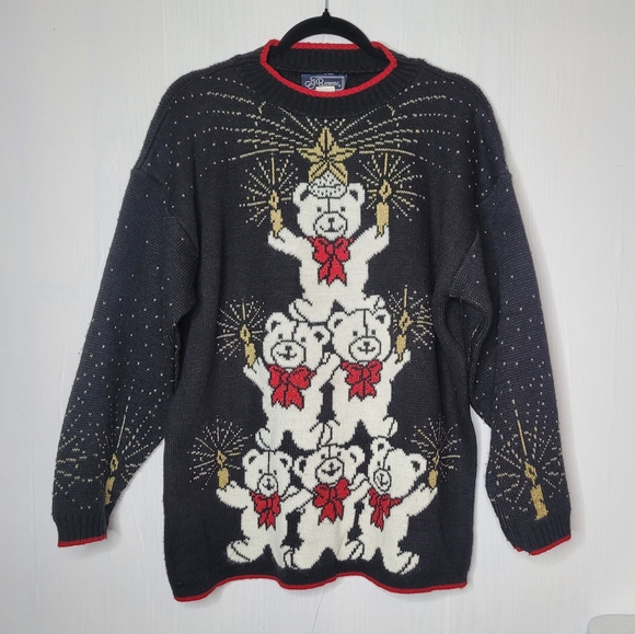Vintage JJ Browne Christmas Holiday Black Gold Sweater Teddy Bears Size Large - Picture 2 of 13